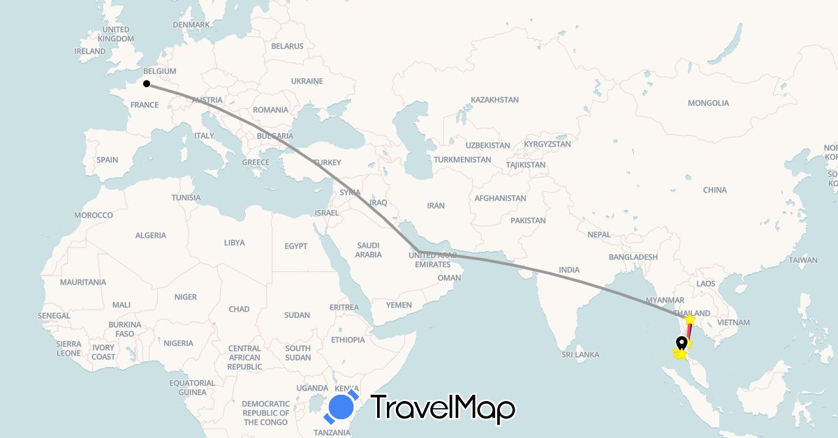 TravelMap itinerary: driving, plane, hiking, boat, trekking, taxi-boat, barque locale, tchuk-tchuk , a pieds, navette hôtel, airbus a319, boeing 777, airbus a380, voiture ford fiesta, navette spa in France, Qatar, Thailand (Asia, Europe)